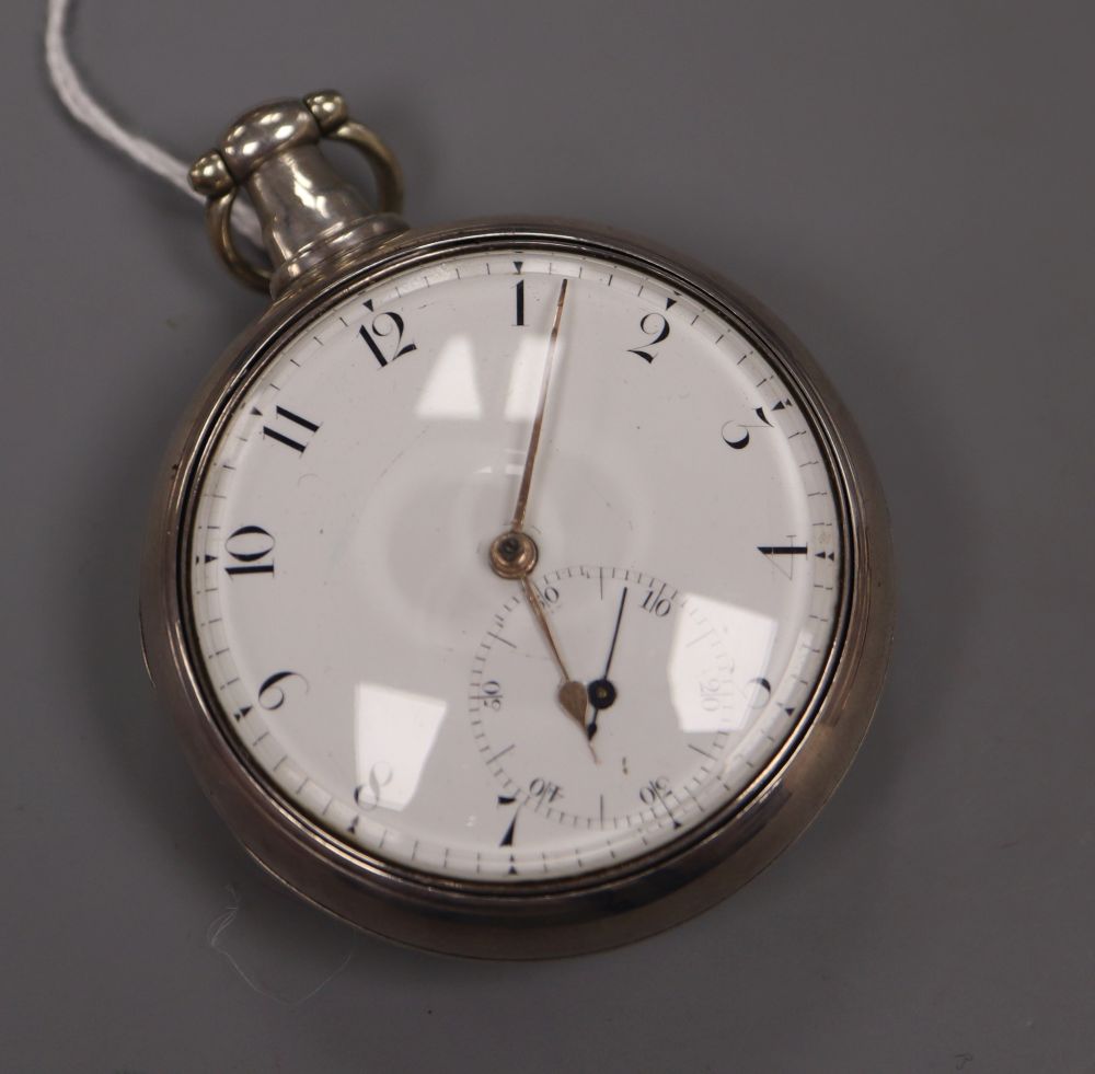 A George III silver pair cased keywind lever pocket watch by Henry Ward, Blandford, with Arabic dial and subsidiary seconds, the signed